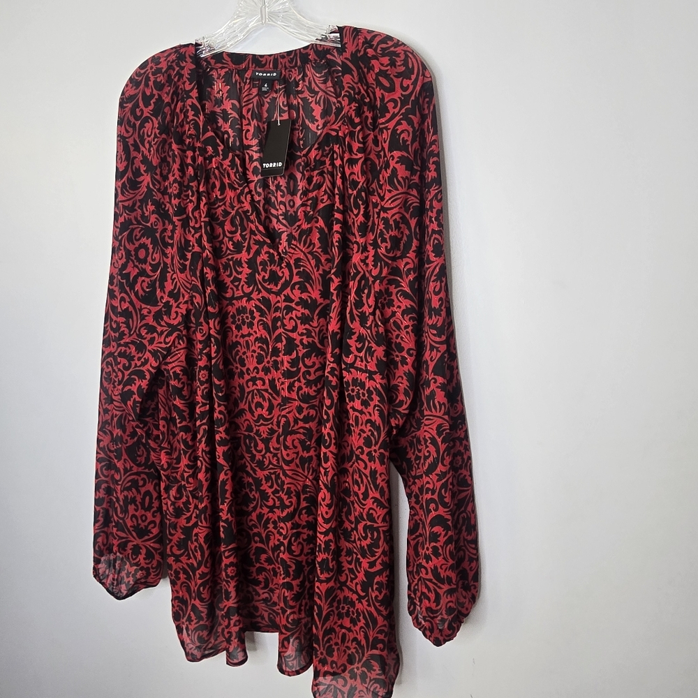 NWT Torrid Crinkle Chiffon Sheer Long Sleeve Blouse Red Black Fleur Size 4X - Picture 7 of 10